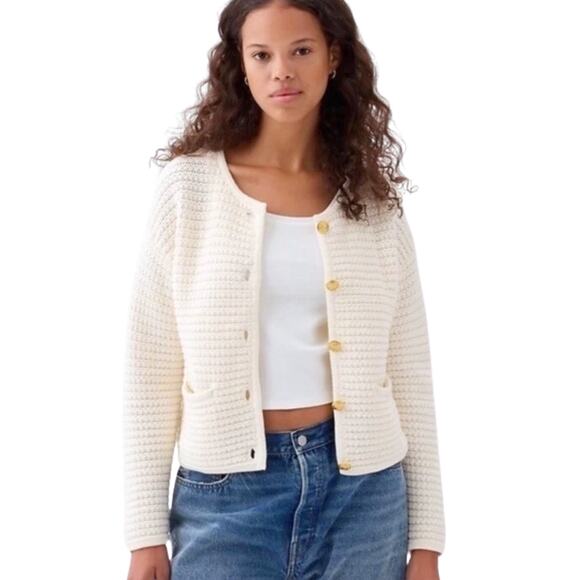 GAP White/Gold Crochet Knit Textured Cardigan Sweater Jacket w/ Pockets - Small - Picture 1 of 6